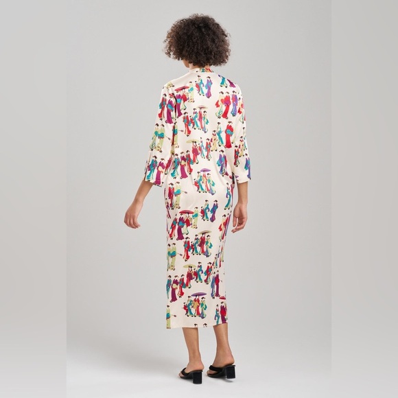 N Natori Geisha Printed Satin Zip Caftan Dress Size M Mandarin Soft Casual PJ’s - Picture 2 of 11